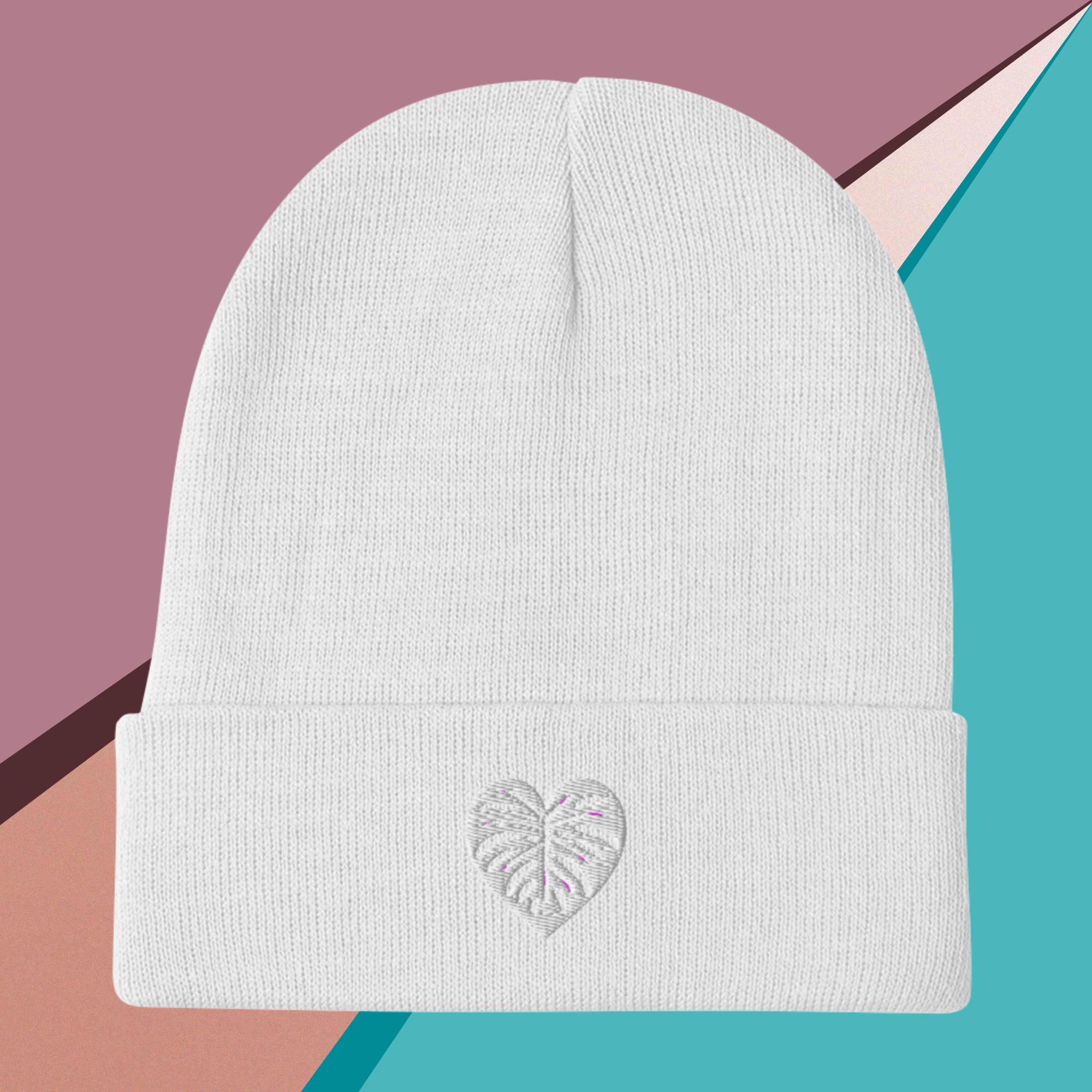 White Everyday Calm Beanie with leaf logo